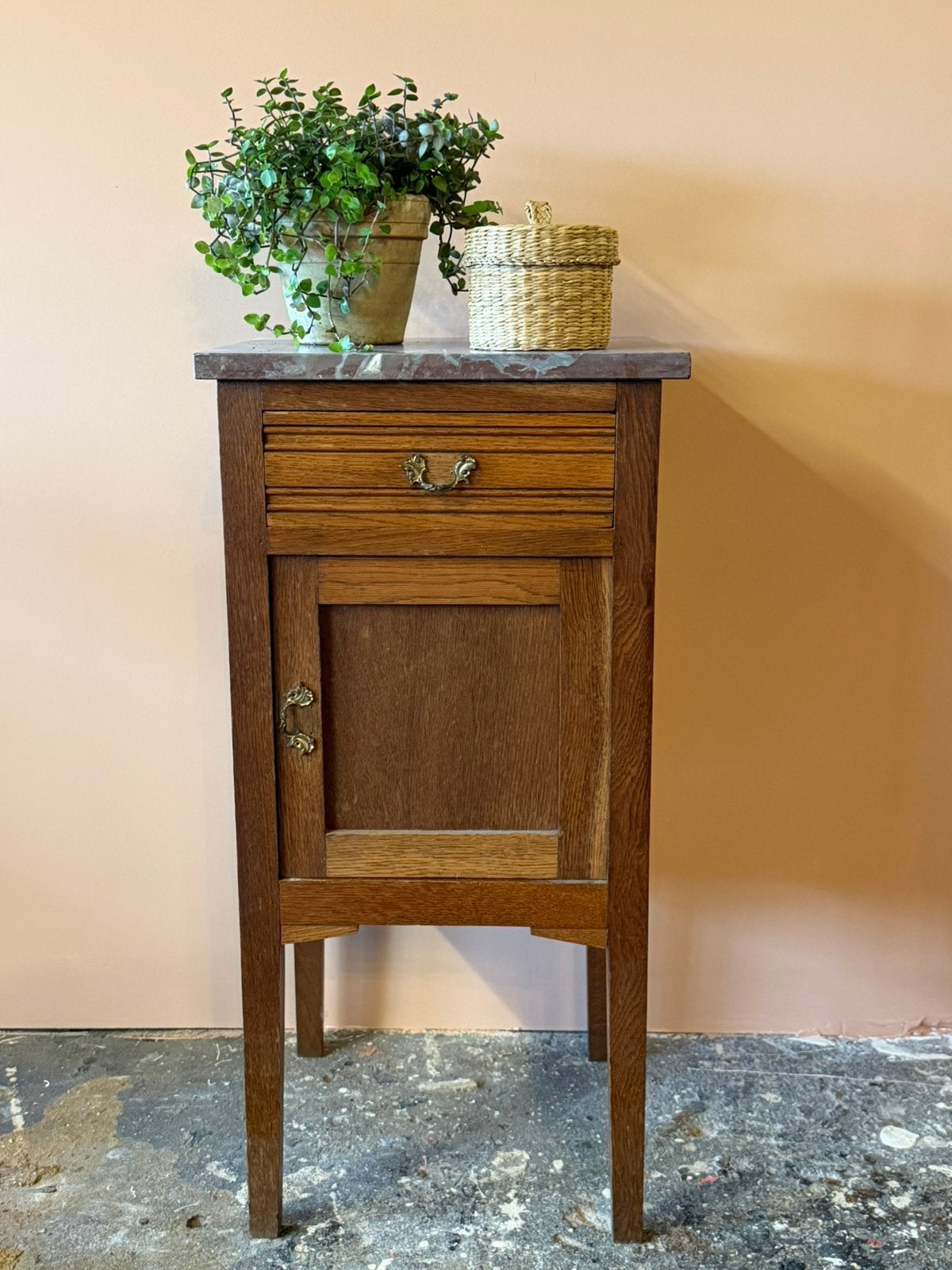 Vintage houten kastje nachtkastje met marmeren blad en lade, Ophalen, Gebruikt
