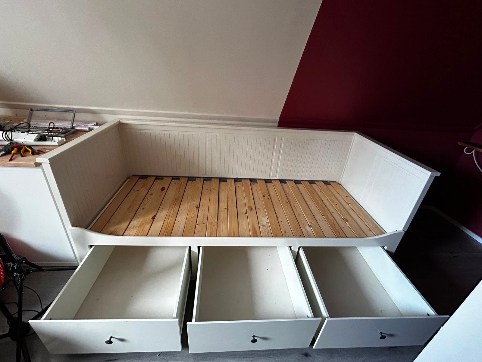 Wit uitschuifbaar bed met lades, Ophalen, Wit, Tweepersoons, 80 cm