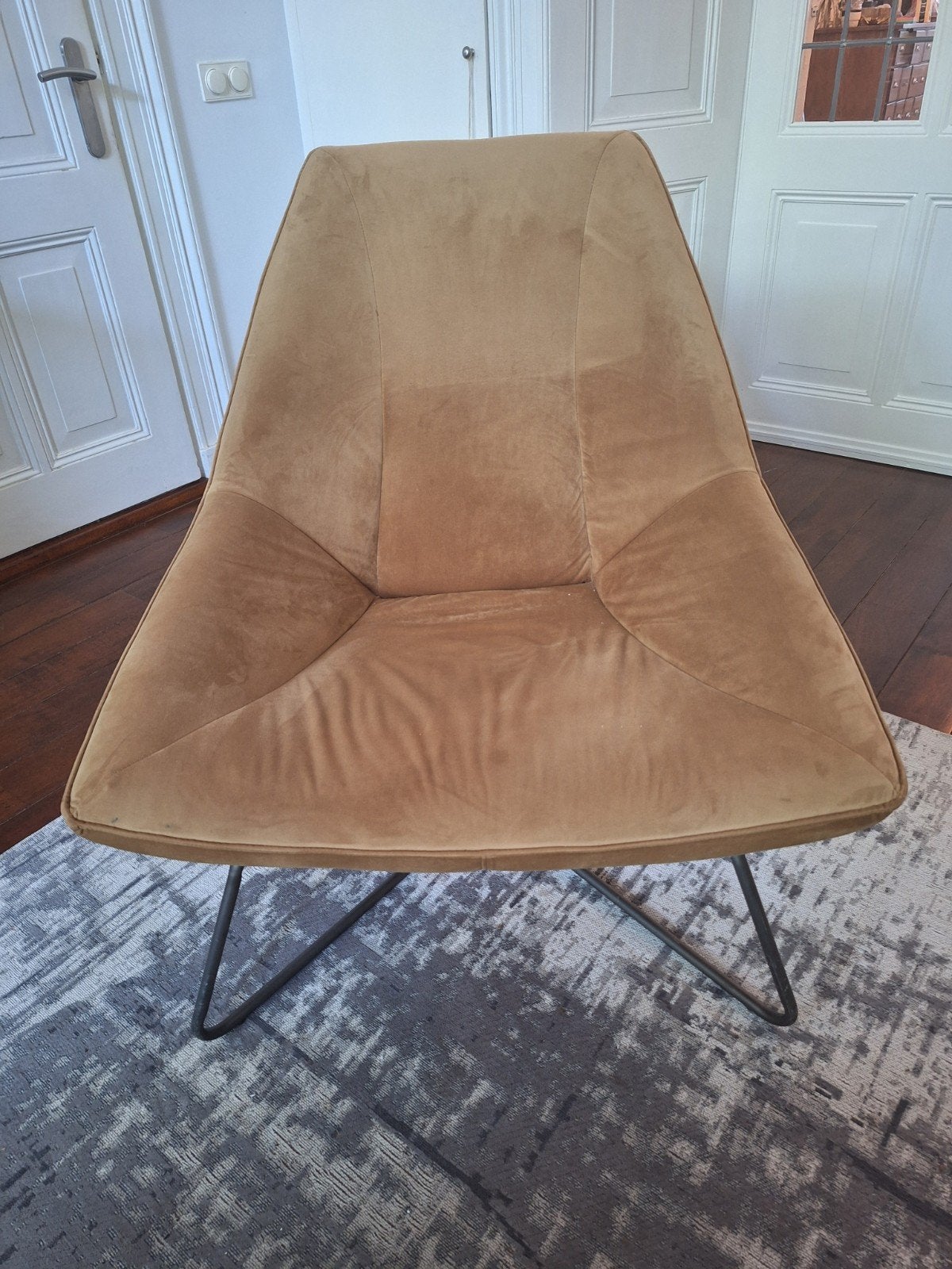 Okergele velours fauteuil in zeer goede staat., Ophalen, Zo goed als nieuw, 75 tot 100 cm, 50 tot 75 cm