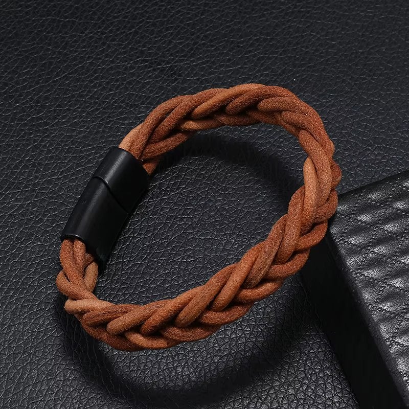 Heren Bruine Geweven Leren Armband Met Magneetsluiting, Verzenden, Nieuw, Bruin, Leer