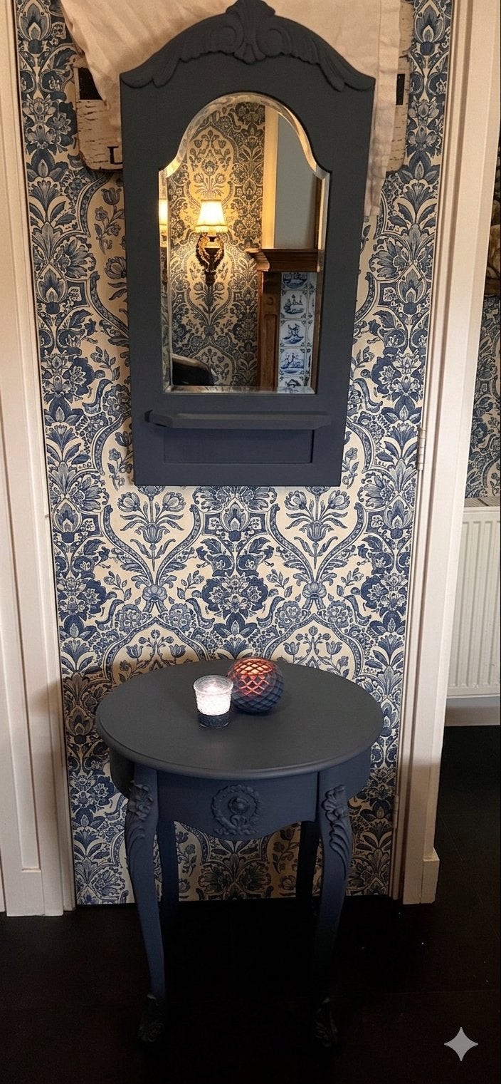 Houten tafeltje met spiegel - Donkerblauw, Ophalen, Minder dan 55 cm, Gebruikt, Overige vormen