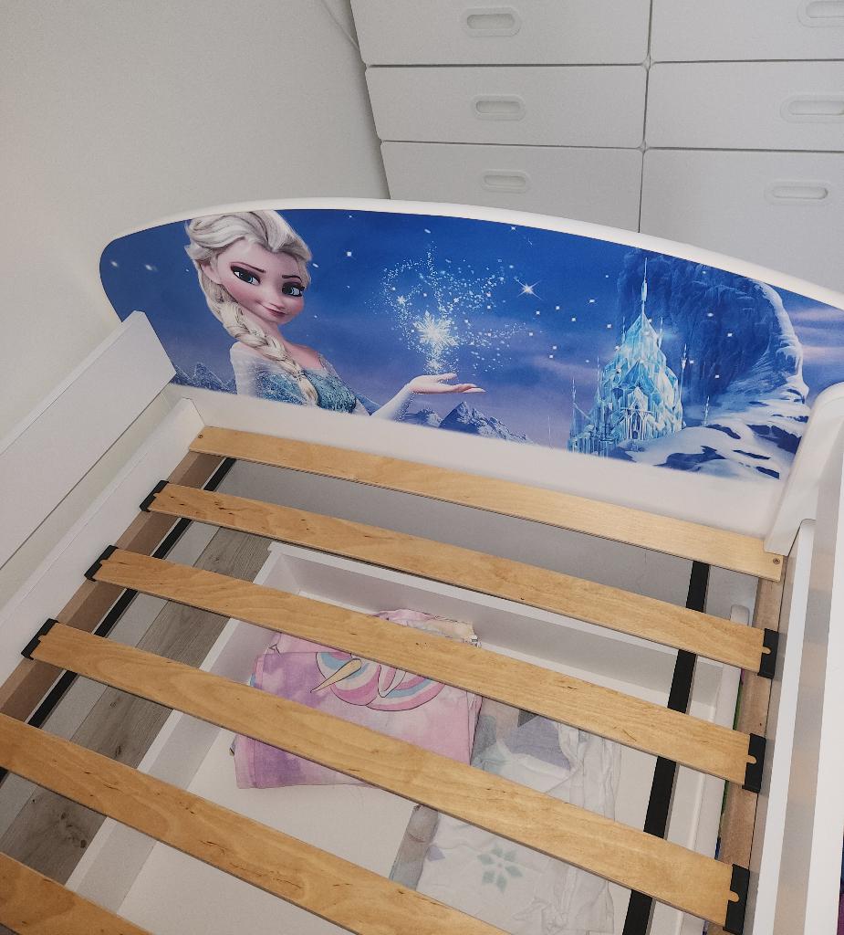 Elsa frozen bed 90x200 met lade en lattenbodem, Ophalen, 85 tot 100 cm, Zo goed als nieuw, Lattenbodem
