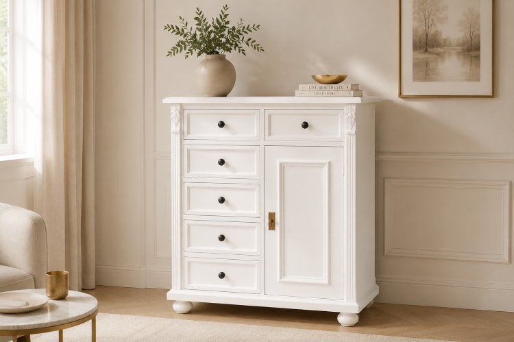 Commode Dressoir Ladekast in wit grenen hout landelijk, 5 laden of meer, Minder dan 100 cm, Grenenhout, 25 tot 50 cm