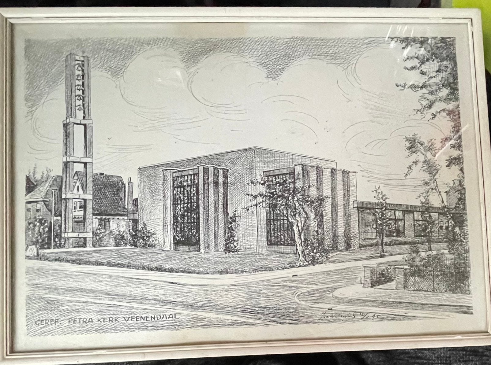 Ingelijste pentekening Petrakerk Veenendaal, 1965, Ophalen of Verzenden