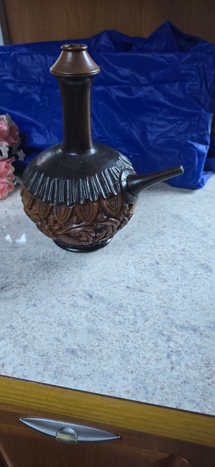 Decoratieve kruik met houtsnijwerk, Ophalen of Verzenden