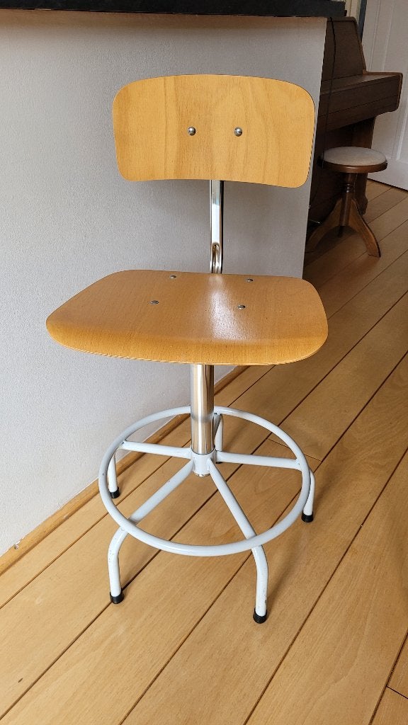 Industrial drafting/architect stool adjustable with backrest, Ophalen, In hoogte verstelbaar, Gebruikt, Hout