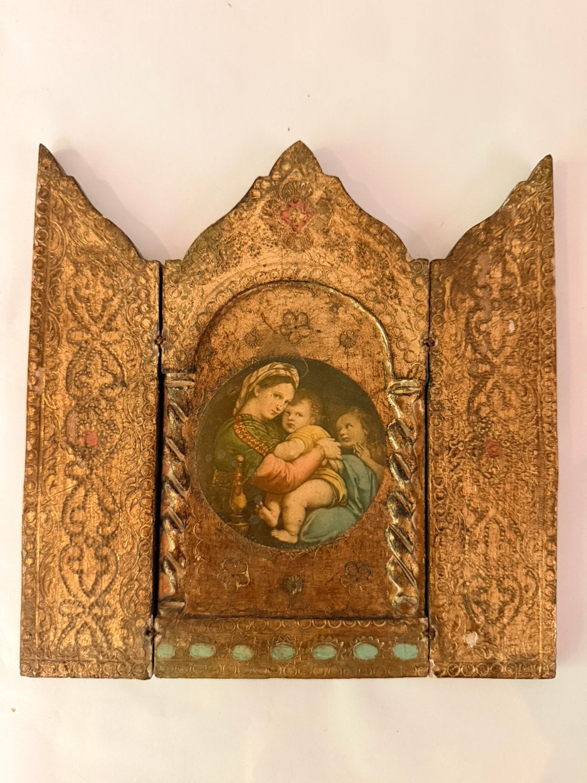 Vintage Italian Florentine Gilt Wood Triptych 18x19, Antiek en Kunst, Ophalen of Verzenden