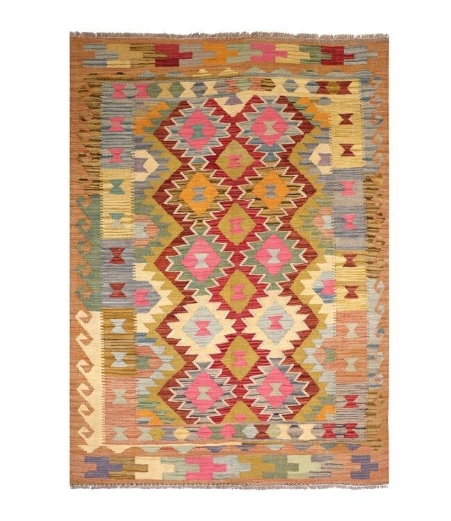 Handgeweven Traditioneel Kelim Vloerkleed Wol 203x147 cm, 100 tot 150 cm, Beige, Ophalen of Verzenden, ....