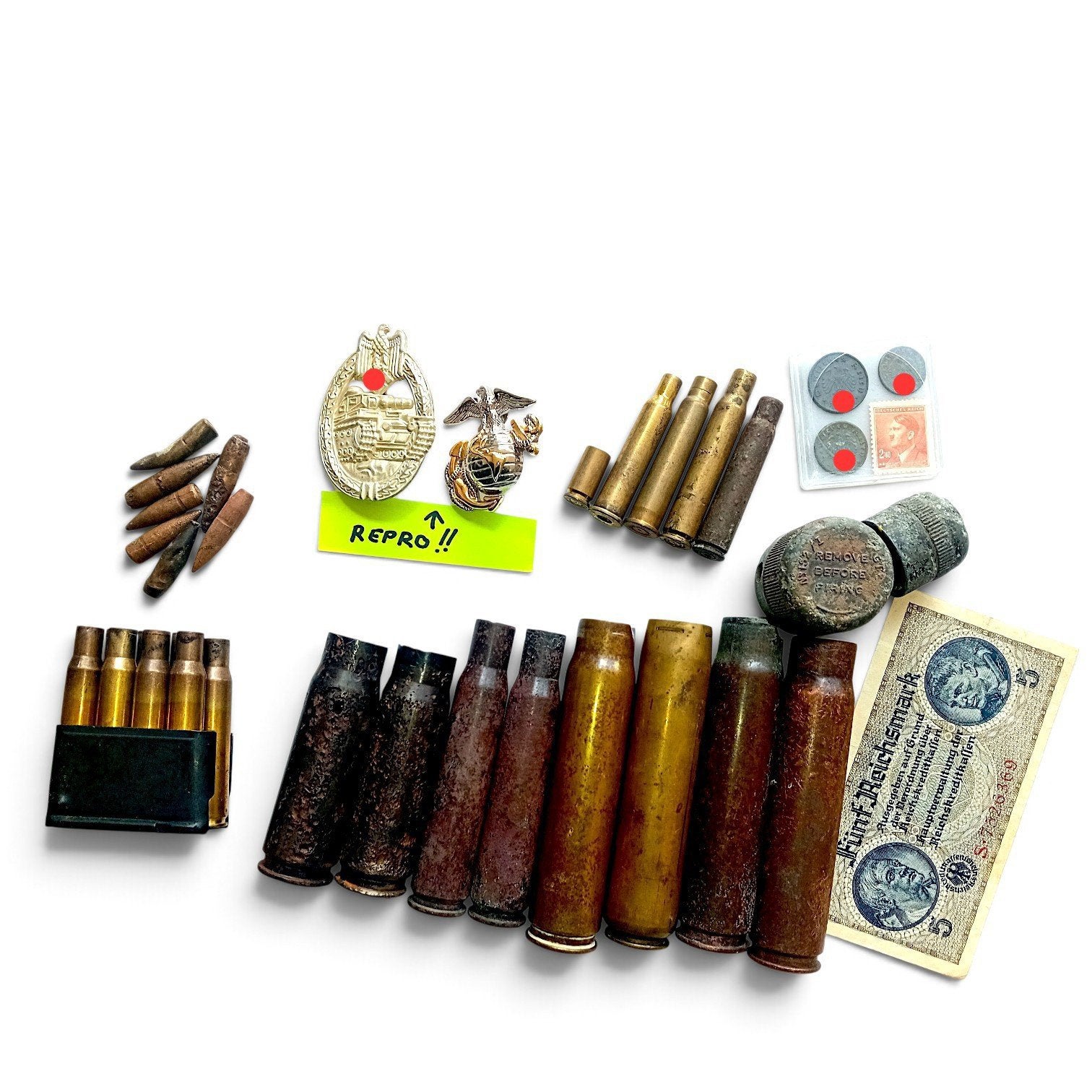 WO2 Militaria Lot Zware Hulzen Garand Clip Biljet Badges, Ophalen of Verzenden, Luchtmacht, Duitsland, Hulzen of Bodemvondsten