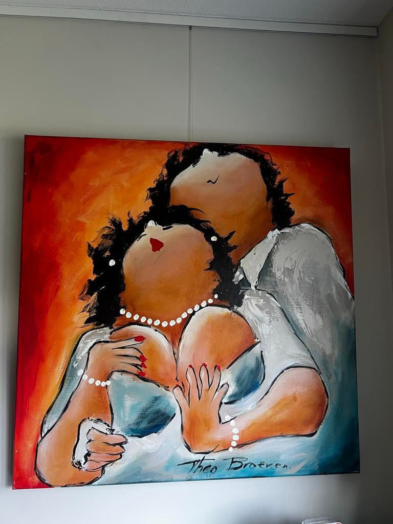 Origineel schilderij Theo Broeren - Liefdespaar 80x80cm, Antiek en Kunst, Ophalen of Verzenden