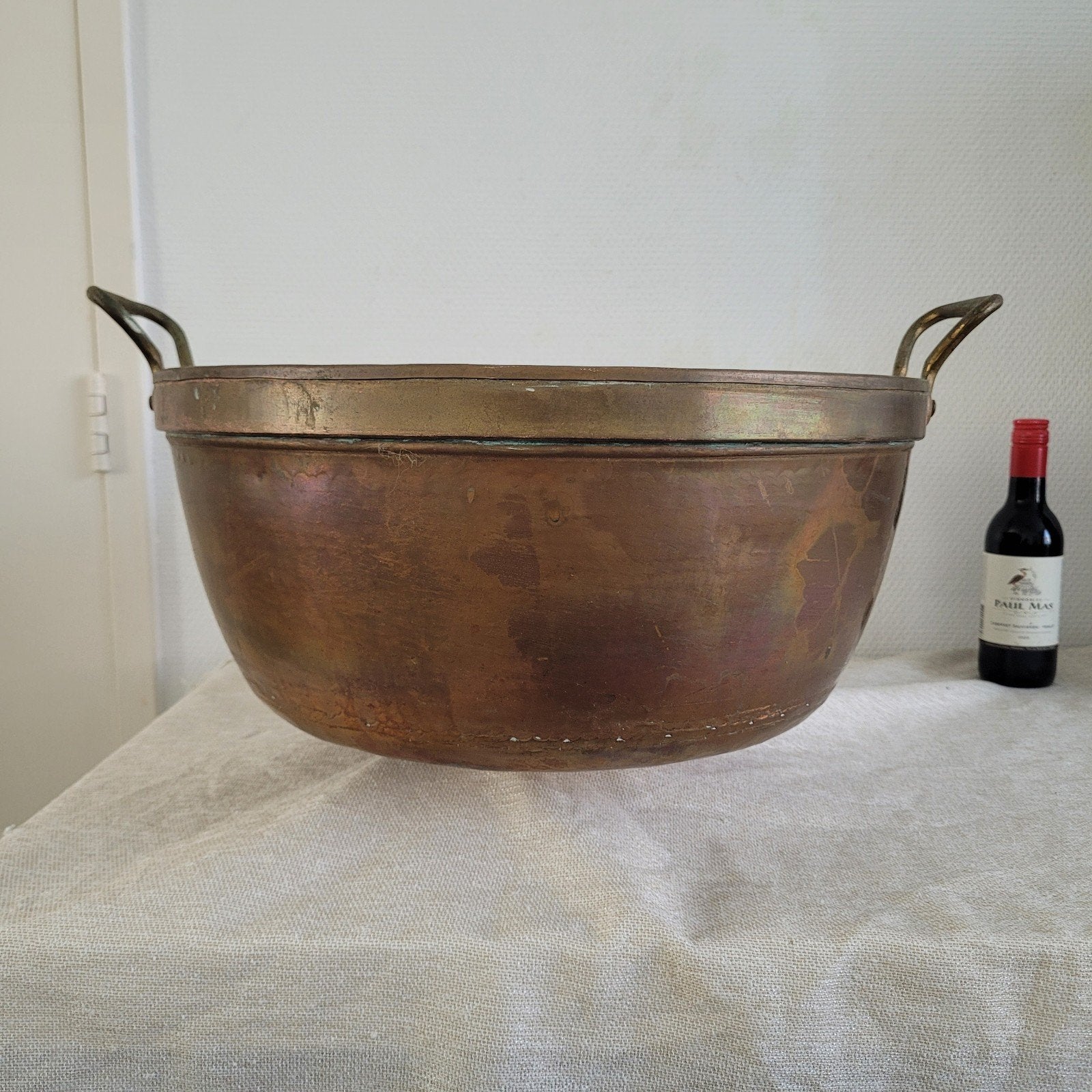grote brocante franse koperen jampan confiturepan 39 cm, Ophalen of Verzenden, Gebruikt, Koper, Braadpan