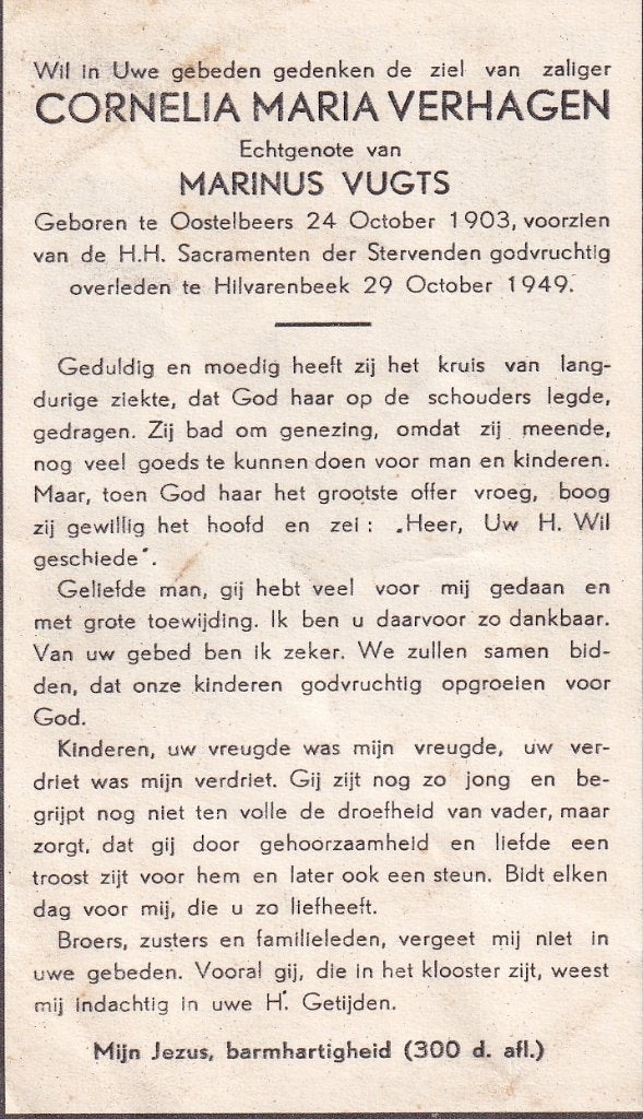 Verhagen Cornelia 1903 Oostelbeers 1949 Hilvarenbeek, Ophalen of Verzenden, Bidprentje