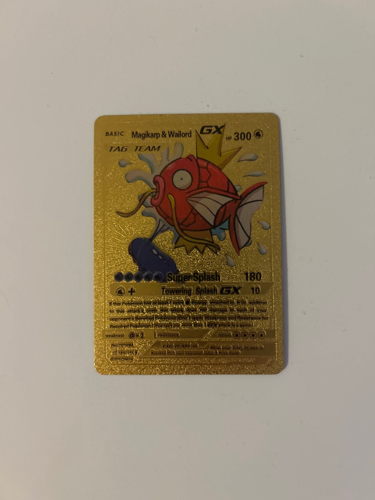 Gouden Pokemon Kaart - Magikarp & Wailord GX Super Splash, Ophalen, Zo goed als nieuw, Losse kaart, Foil