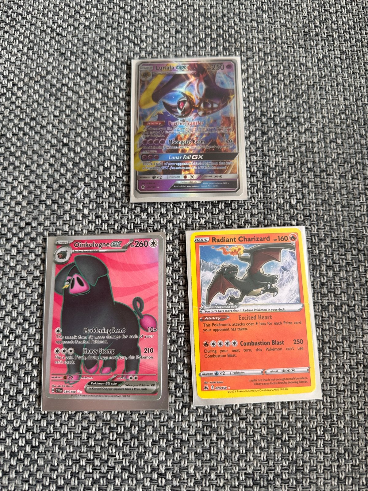 Pokémon Kaarten: Lunala GX, Oinkologne EX, Radiant Charizard, Ophalen of Verzenden, Zo goed als nieuw, Meerdere kaarten