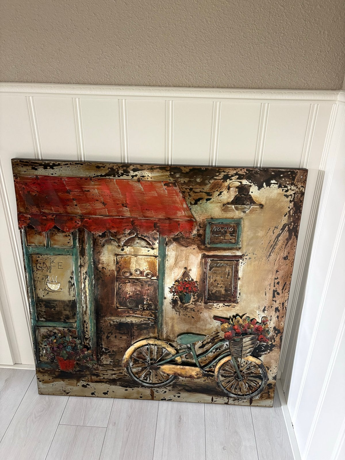 Uniek 3D Metalen Wanddecoratie 'Café met Fiets', Ophalen, Gebruikt, Overige typen, 75 tot 100 cm
