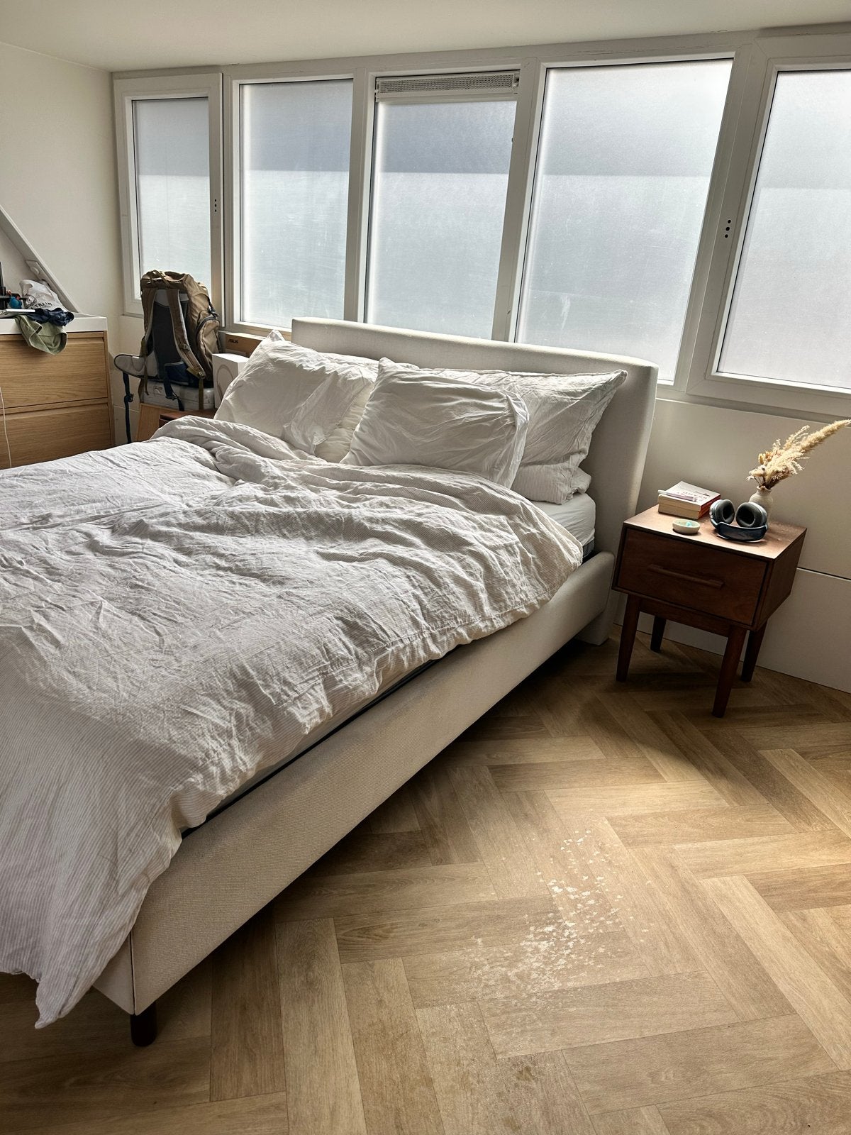 140x200 WESTWING bed, IKEA VALEVÅG matras + LÖNSET latten, Ophalen, Beige, Tweepersoons, 140 cm