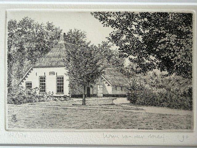 Ets Wim van der Meij, Gesigneerd, Landschap, 15 cm, Ophalen