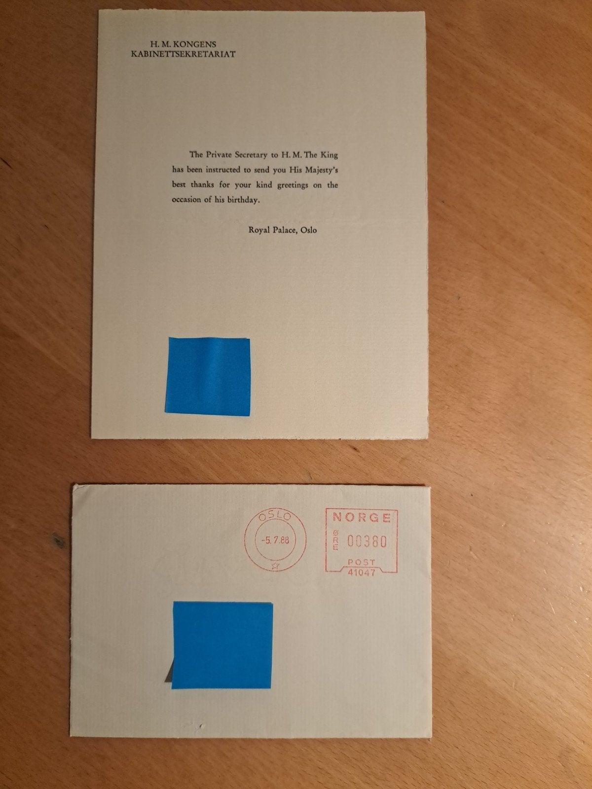 bedankbrief Koning Olaf van Noorwegen 1988, Ophalen of Verzenden, Zo goed als nieuw