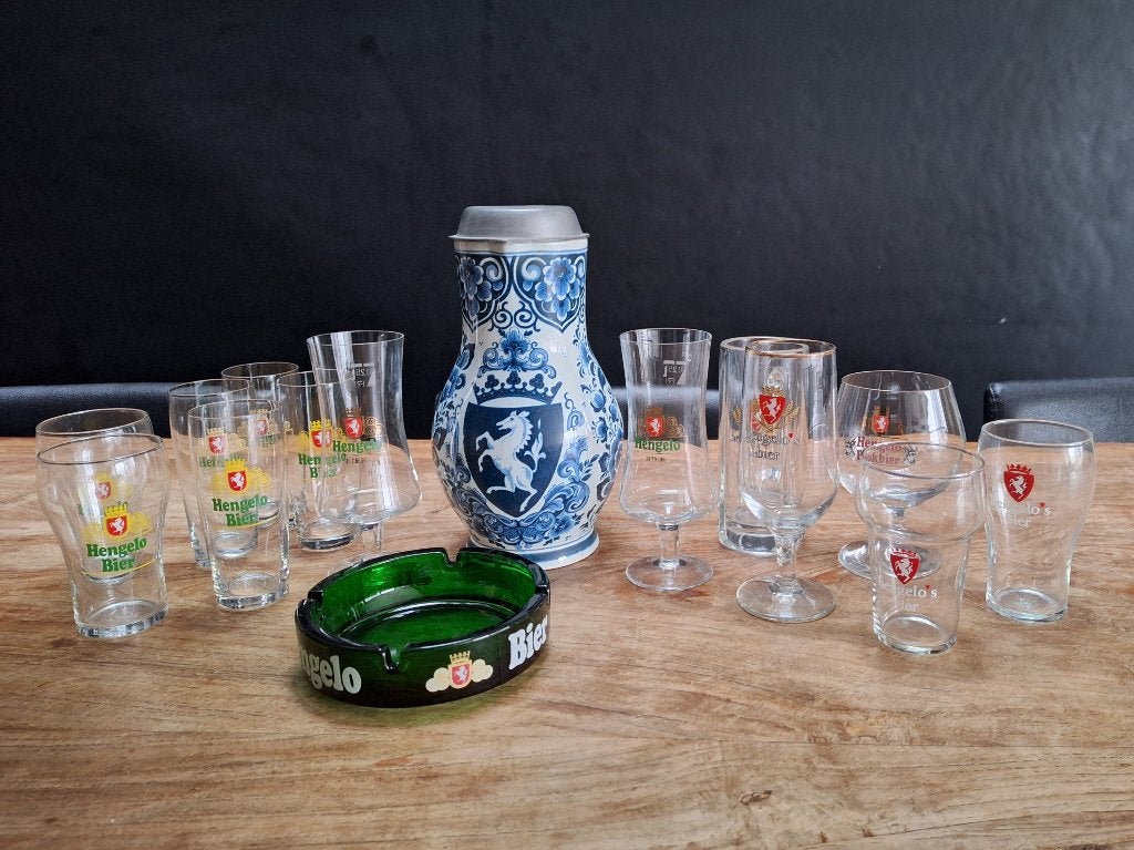 lot 15st Hengelo's Bier bierglas bierglazen pitcher asbak, Verzamelen, Ophalen of Verzenden, Gebruikt, Glas of Glazen, Overige merken