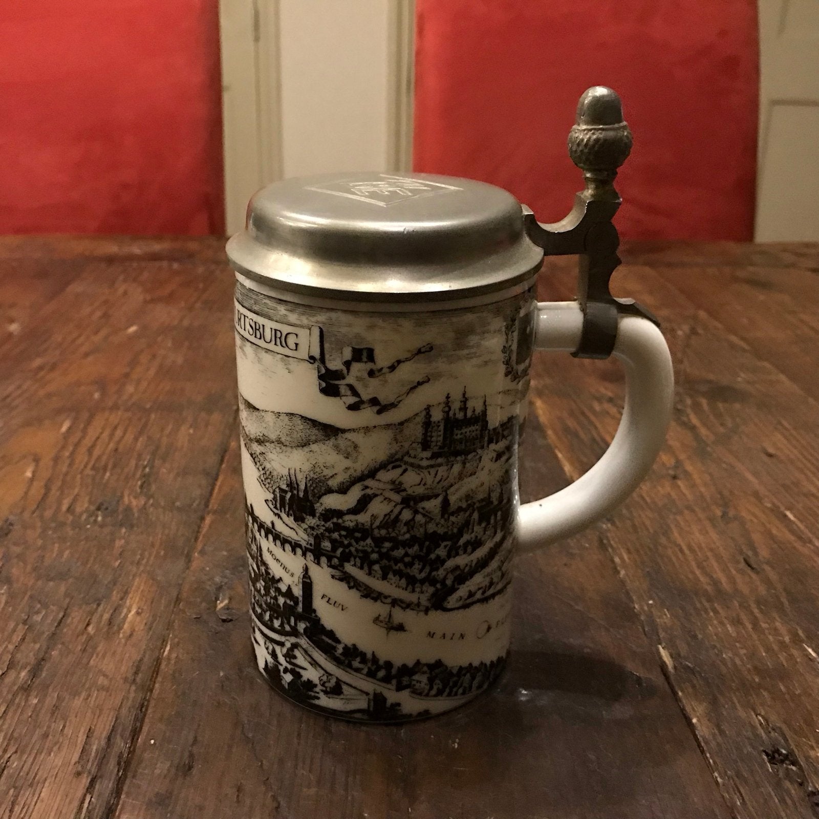 Vintage Bierpul met Würzburg Afbeelding en Tinnen Deksel, Antiek en Kunst, Ophalen of Verzenden