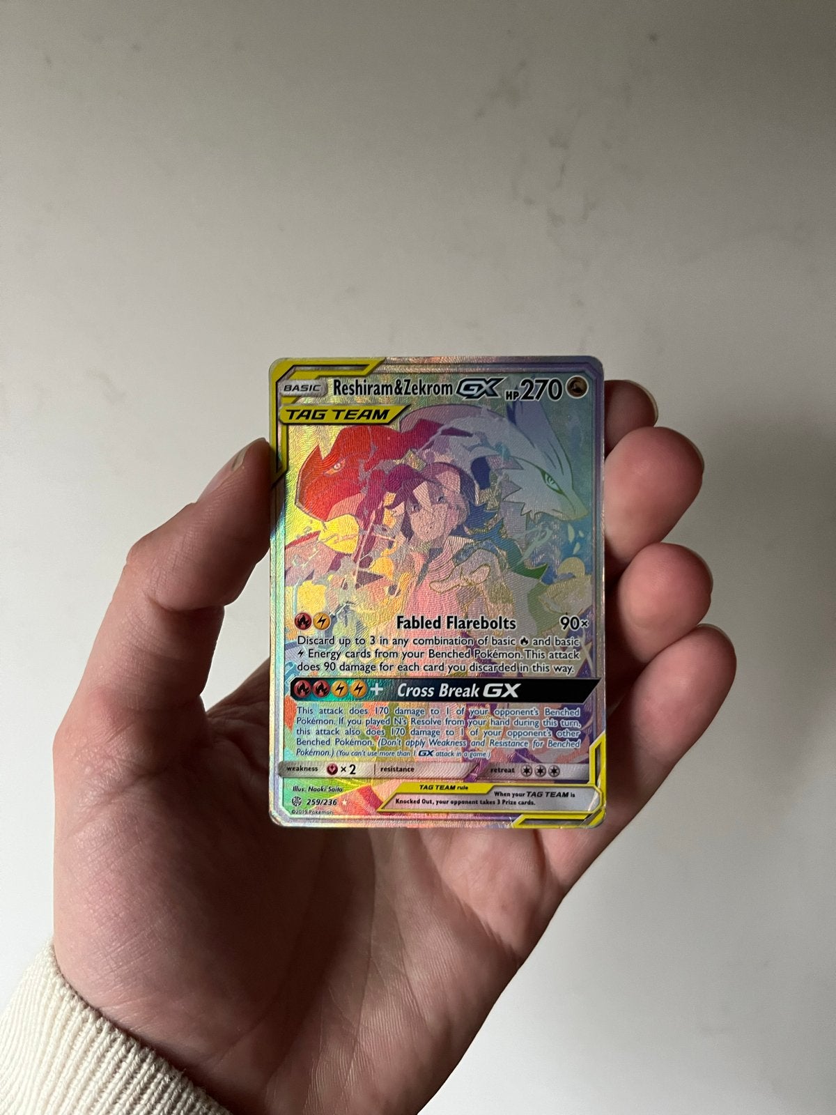 Pokémon Kaart Reshiram & Zekrom GX TAG TEAM, Ophalen of Verzenden, Gebruikt, Losse kaart, Foil