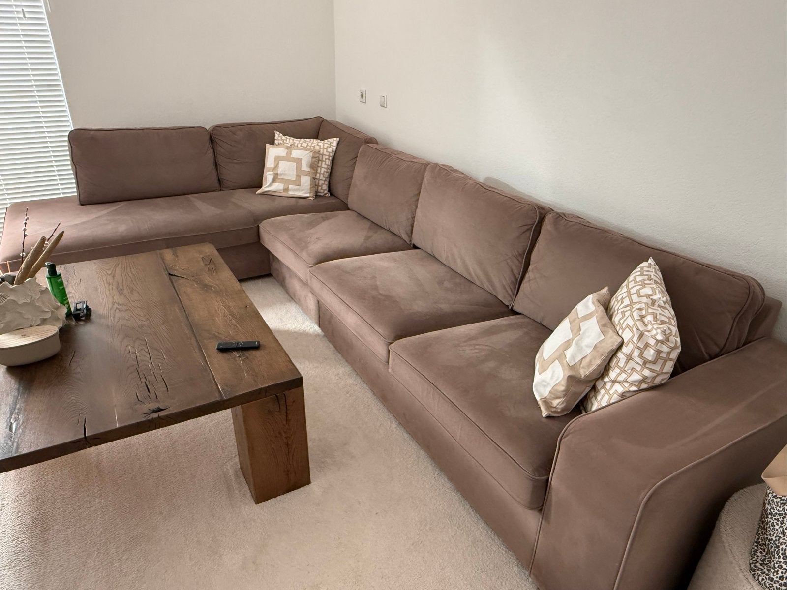 Ruime taupe hoekbank 360x230 cm - Zeer goede staat, Ophalen, Hoekbank, 300 cm of meer, Zo goed als nieuw