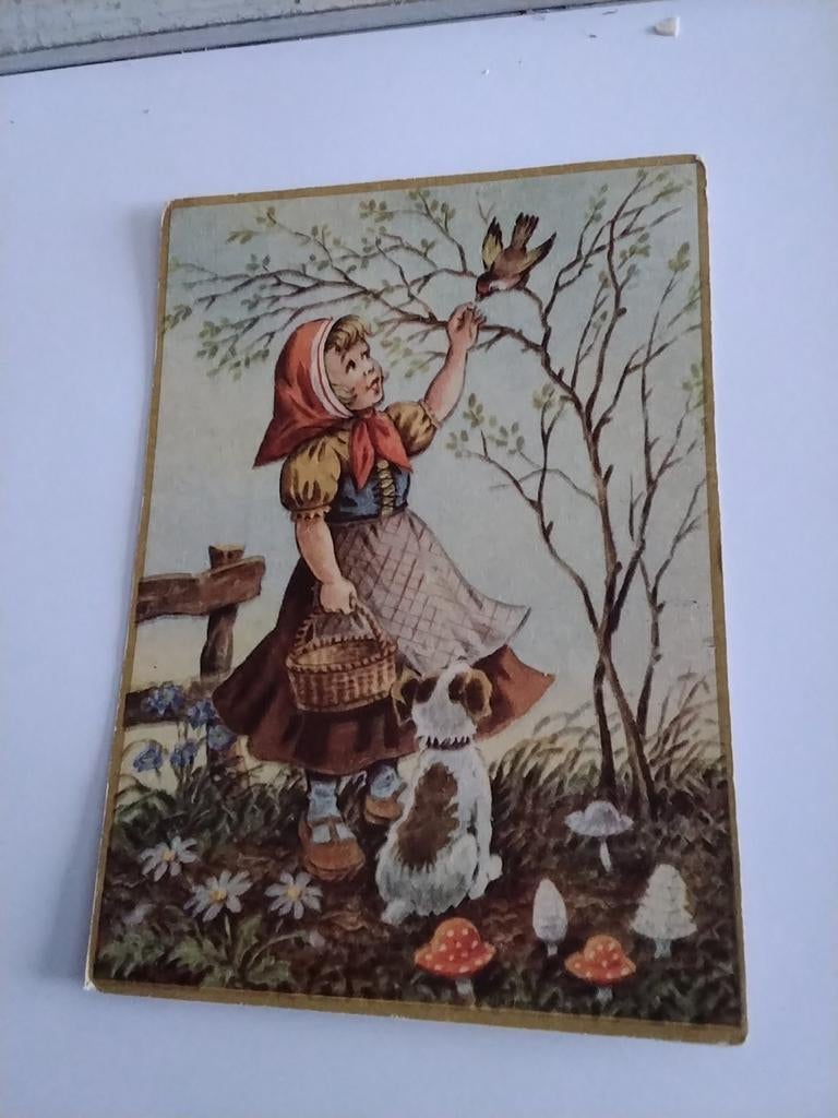 MEISJE. MET HOND BIJ VOGEL, Ophalen of Verzenden, Voor 1920, Kinderen