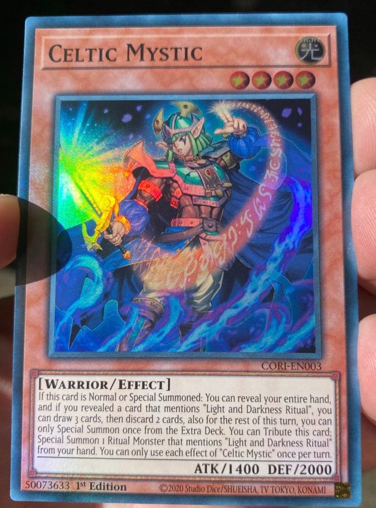 Yu-Gi-Oh! Celtic Mystic CORI 1st Edition !, Ophalen of Verzenden, Zo goed als nieuw, Losse kaart, Foil