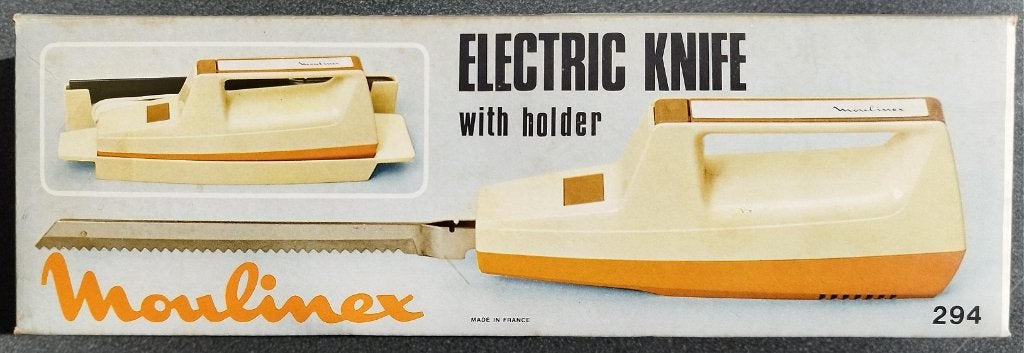 Elektrisch mes, houder, 2 zaagbladen (Moulinex), snoer 1,75m, Gebruikt, Los bestek, Rvs of Chroom, Overige merken