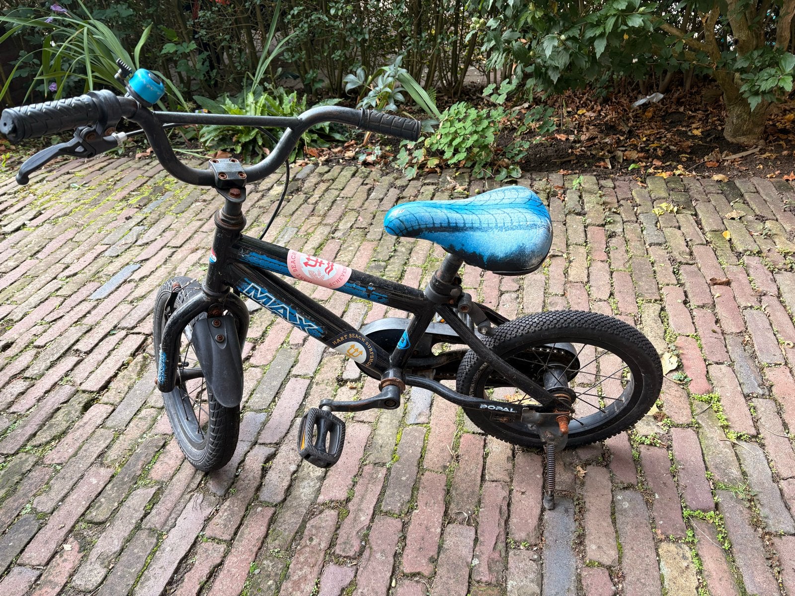 Kinderfietsje 14 inch - Popal Max - Zwart/Blauw, Fietsen en Brommers, Ophalen, Gebruikt, Minder dan 16 inch, Zijwieltjes