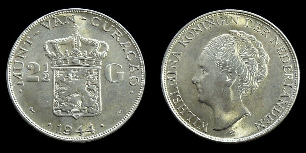 Curacao 2,5 Gulden 1944 UNC Oplage 140.000 ! Mooi Exemplaar, Verzenden, Midden-Amerika, Zilver