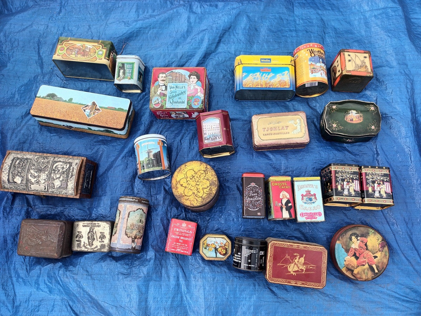 Partij  collectie vintage blikken en trommels, Ophalen of Verzenden