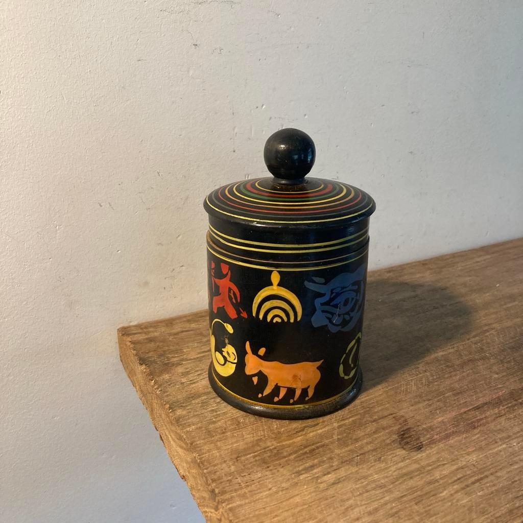 Vintage houten potje uit India met handgeschilderde motieven, Ophalen of Verzenden