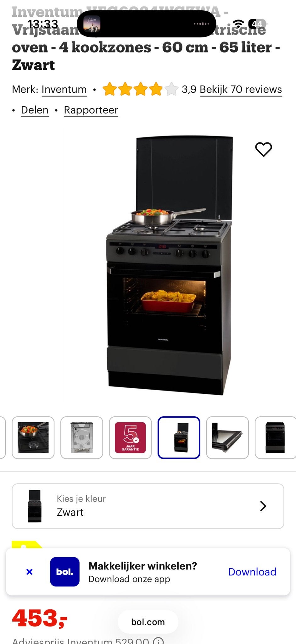 Inventum Vrijstaand Gas Fornuis - 4 Kookzones - Zwart, Ophalen, Gebruikt, Oven, Inventum