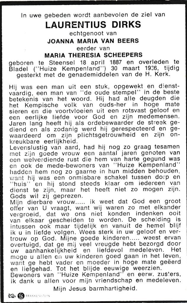 Dirks Laurentius 1887 Steensel 1966 Bladel, Ophalen of Verzenden, Bidprentje