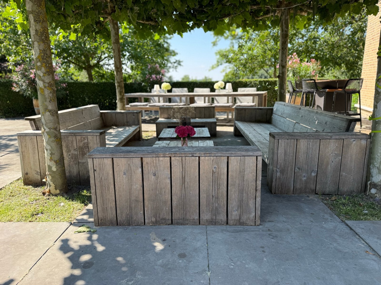 Robuuste steigerhouten loungeset - 4 banken + 2 tafels, Tuin en Terras, Tuinsets en Loungesets, Ophalen, Gebruikt, Meer dan 8 zitplaatsen