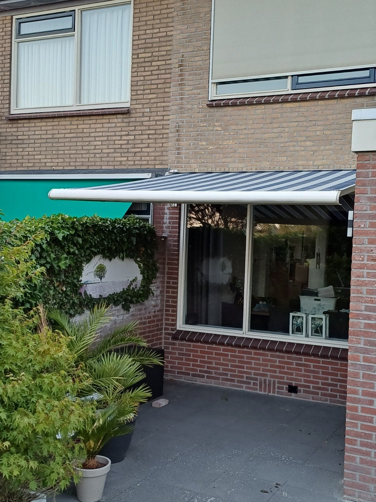 Elektrisch knikarmscherm - Blauw/wit gestreept, Ophalen, Gebruikt, Elektrisch, 150 tot 300 cm