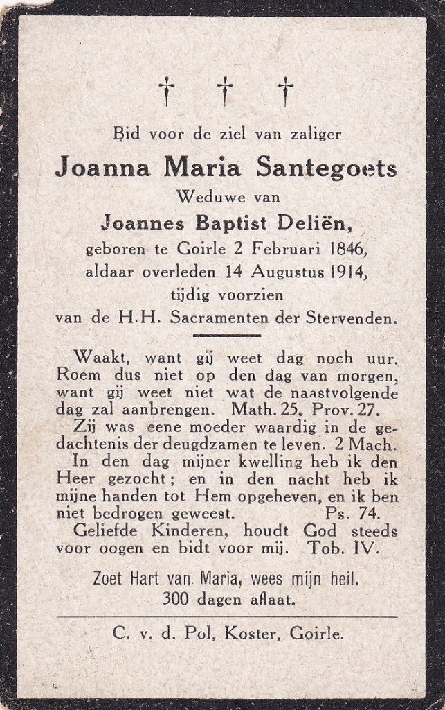 Santegoets Joanna 1846 Goirle 1914, Ophalen of Verzenden, Bidprentje