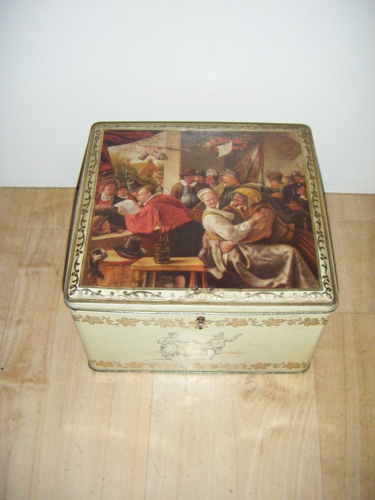 Oud Lonka blik,middeleeuwse afbeelding,groot winkelblik,retr, Verzamelen, Ophalen of Verzenden, Gebruikt, Verpakking
