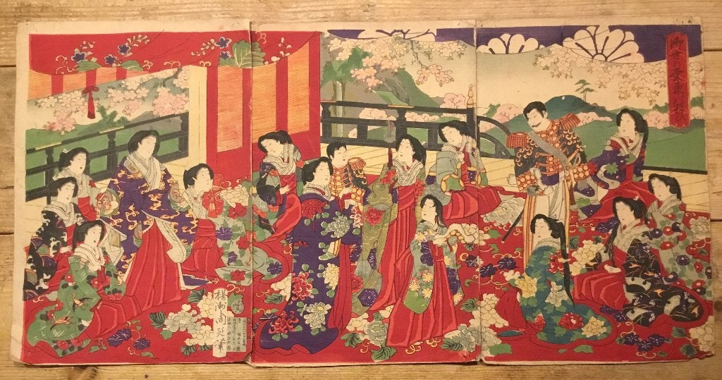 Antieke Japanse drieluik houtblok prent, Antiek en Kunst, Wanddecoratie, Handgemaakt, Ophalen of Verzenden, Papier/karton