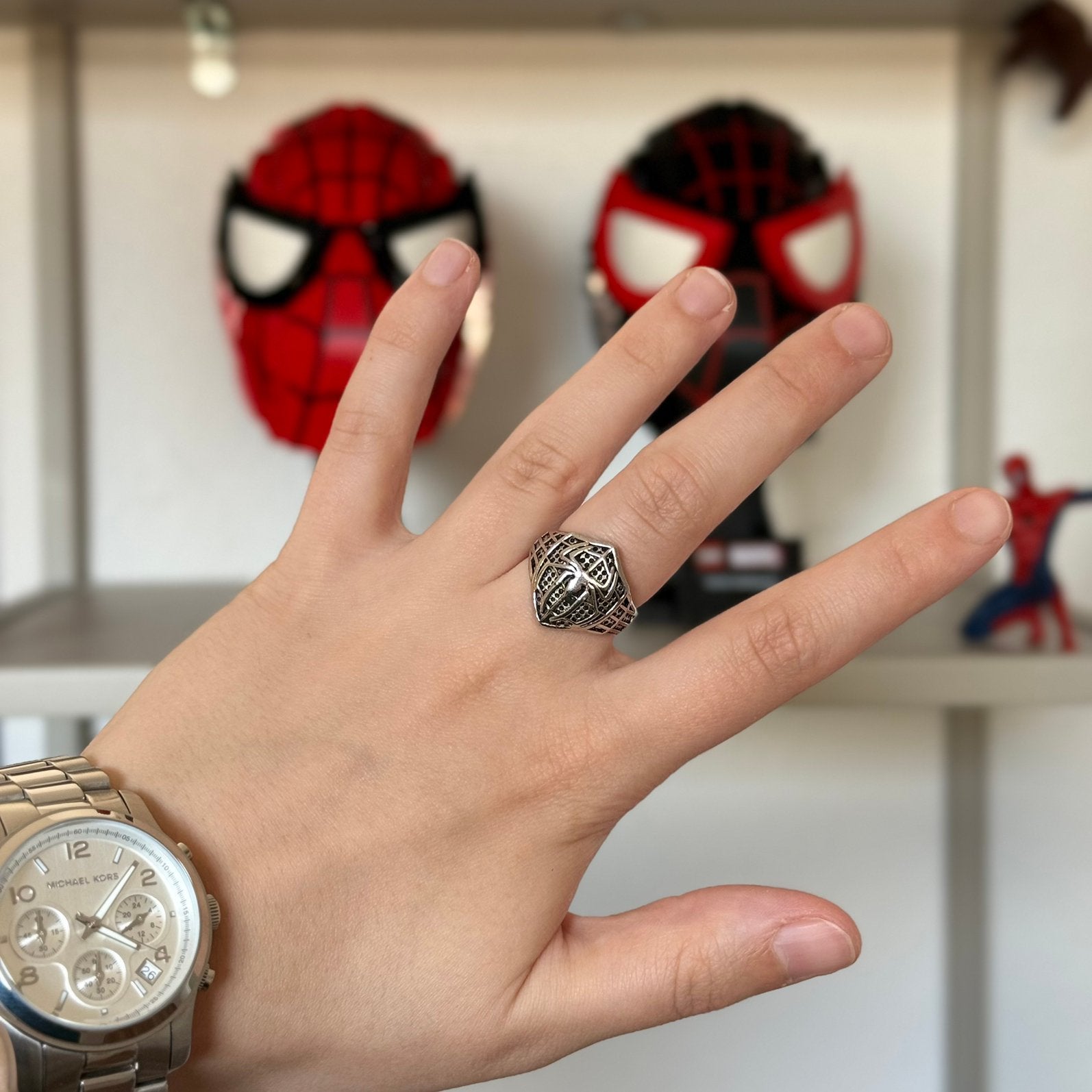 Spider-Man Ring Stainless Steel Verstelbaar Zilverkleurig, IJzer of Staal, Nieuw, Ophalen of Verzenden, 17 tot 18