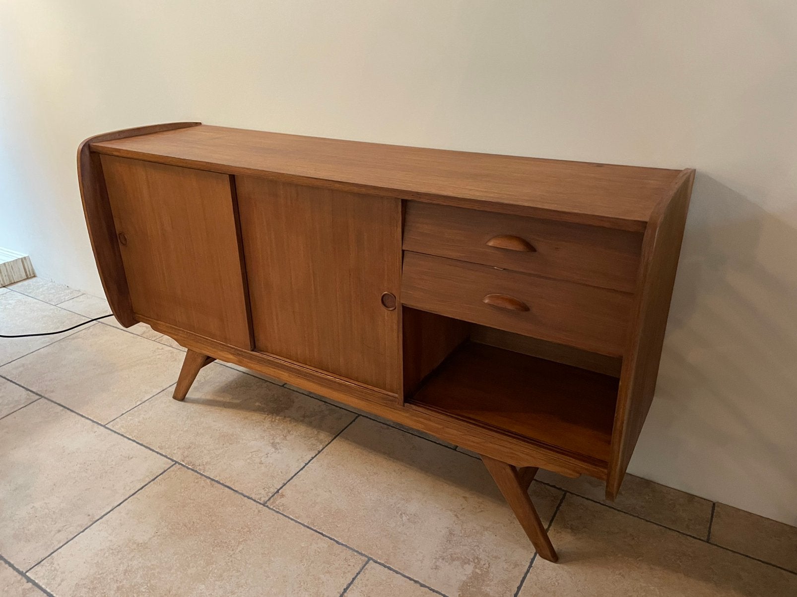 Mid-century vintage kast, Ophalen, Gebruikt, 100 tot 150 cm, Teakhout