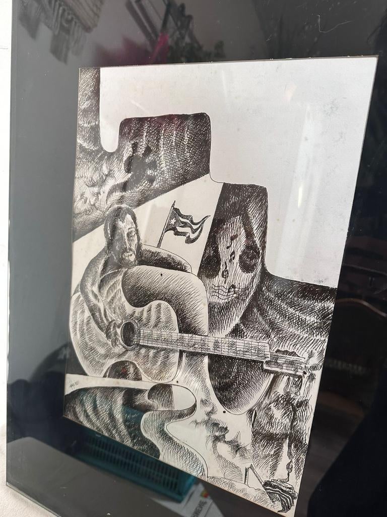 Zwart wit tekening/ets man met gitaar signatuur matla 92, Antiek en Kunst, Ophalen