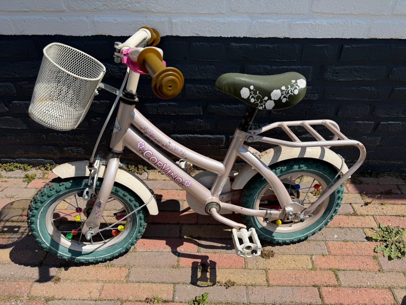 Corvino 12 inch kinderfiets met zijwieltjes, Ophalen, Terugtraprem, Zijwieltjes, Gebruikt