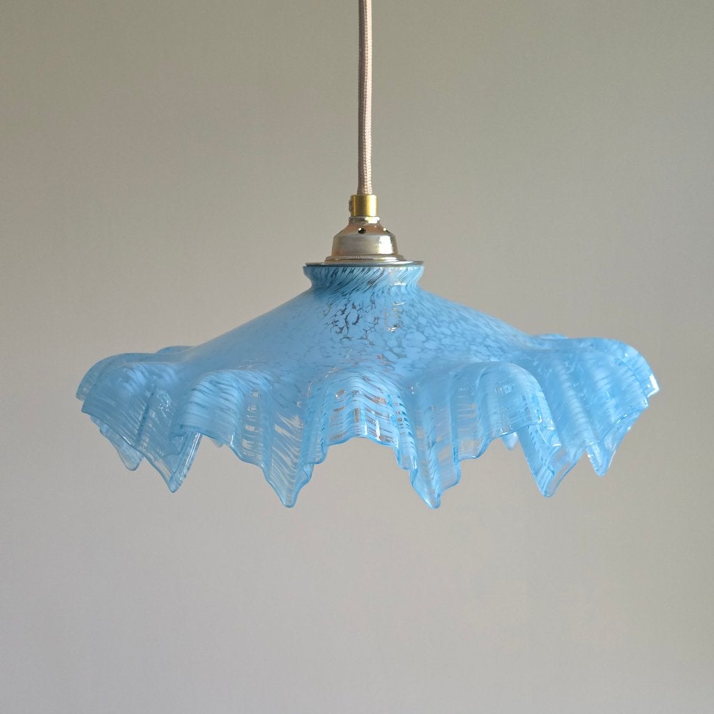 Vintage Franse Glazen Hanglamp – transparant en blauw glas, Ophalen of Verzenden