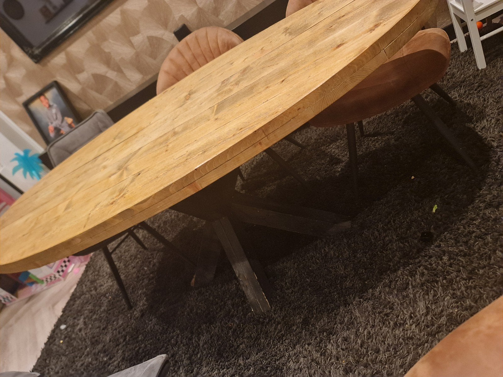 Ovale houten eettafel met zwart onderstel en salon tafel, Ophalen, Modern, Industrieel, Landelijk, Gebruikt, 150 tot 200 cm