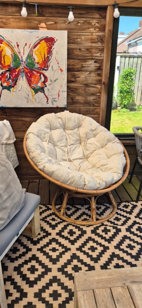Rotan Papasan Stoel met Crèmekleurig Kussen, Ophalen, Gebruikt, Overige kleuren, Stof