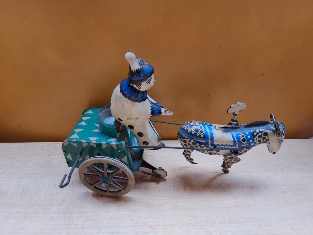Vintage blikken speelgoed clown met kar en ezel, Ophalen of Verzenden