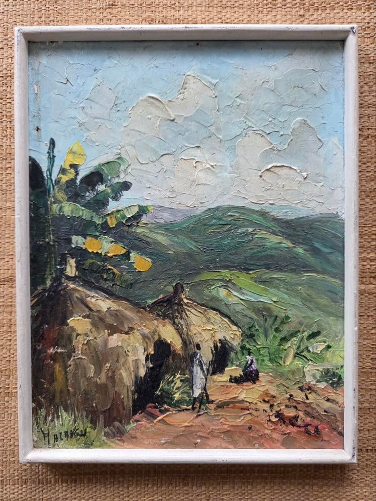Afrikaanse school. Olieverf paneel. Herkomst België. Kongo?, Antiek en Kunst, Ophalen of Verzenden