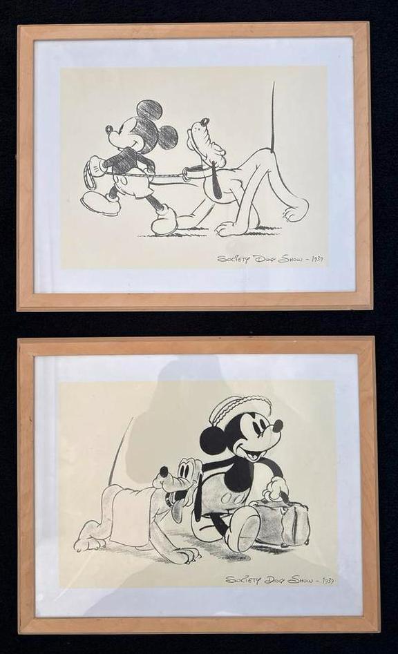 Twee ingelijste Mickey Mouse tekeningen uit 1939, Ophalen of Verzenden